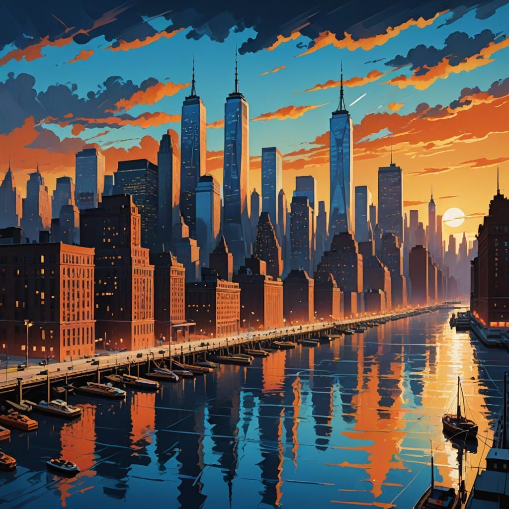 Abstract New York City Dusk in Geometric Abstraction Style