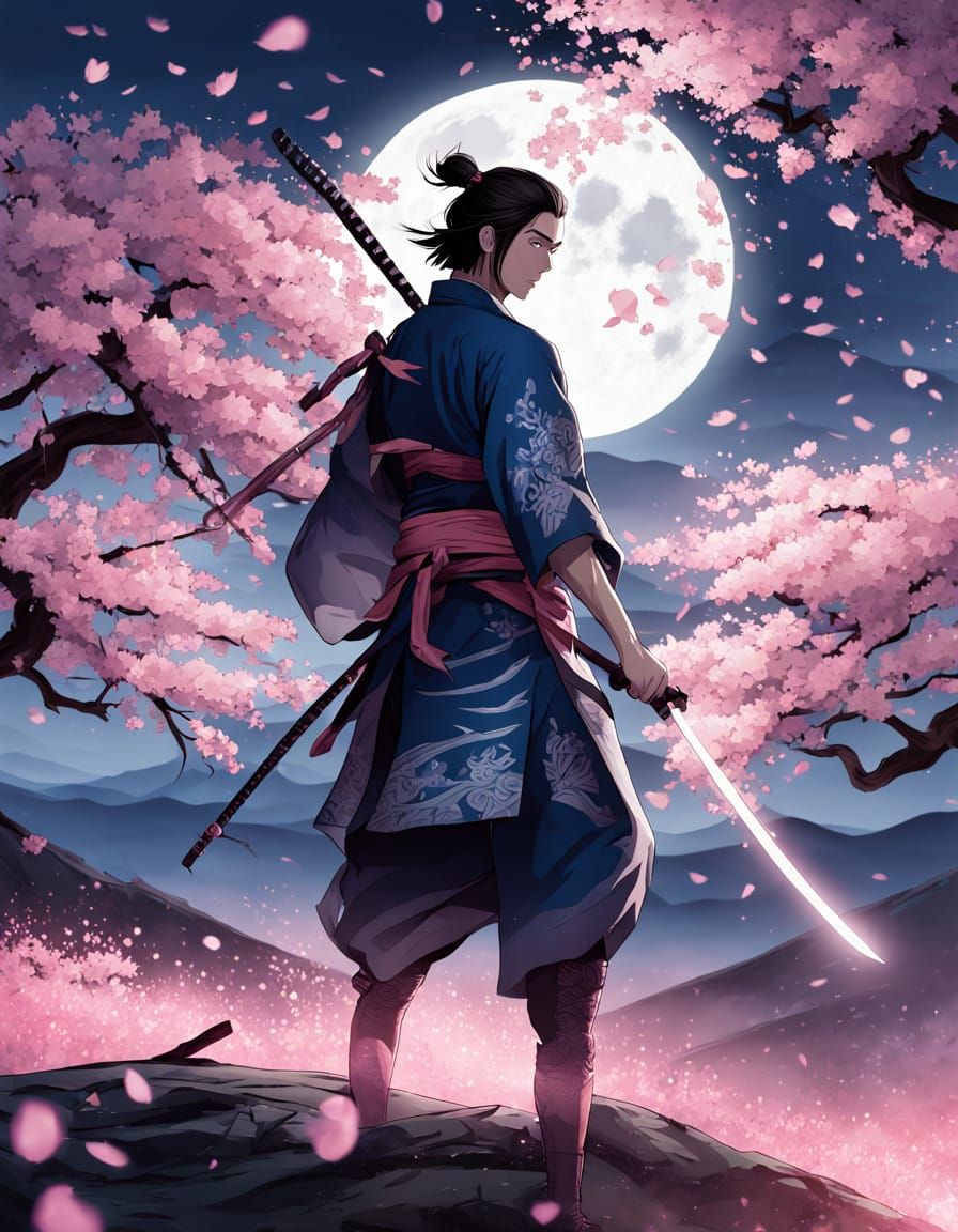 Anime Samurai on Windswept Hill at Night