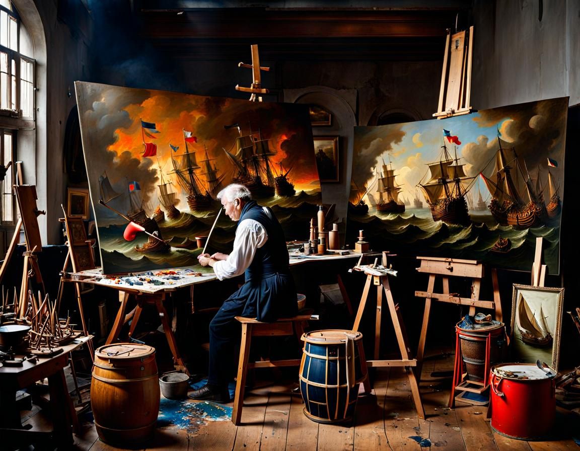 Painter Creates 17th Century Naval Battle Scene