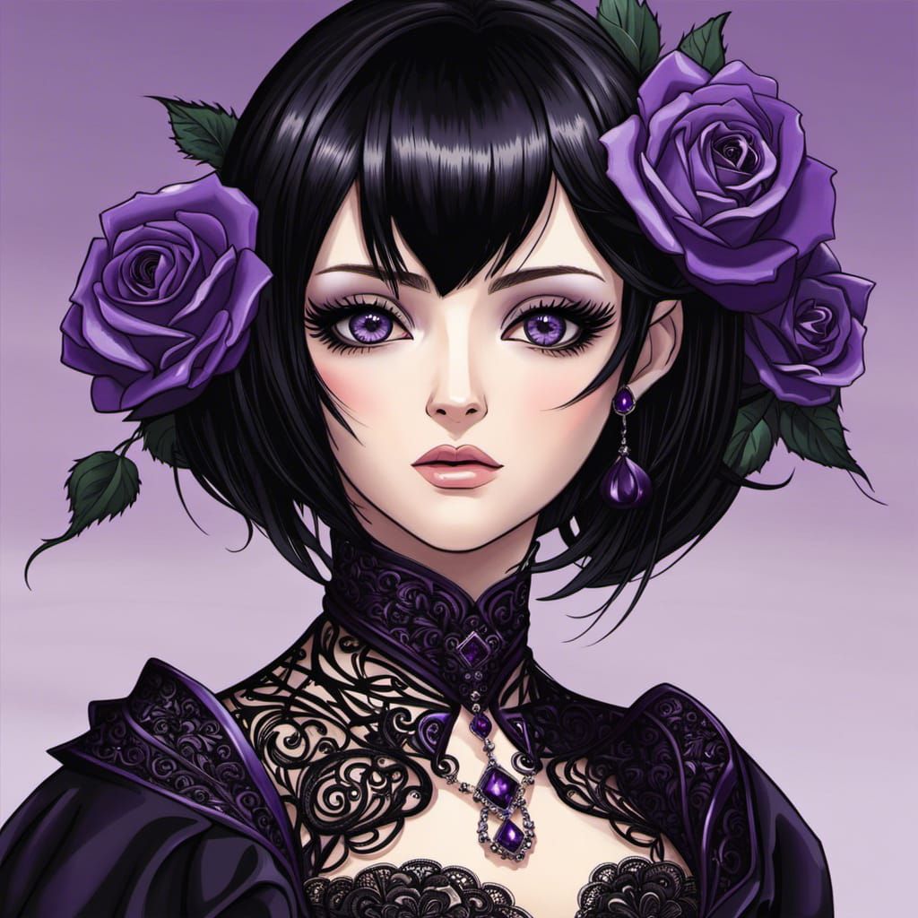 Gothic Anime Woman with Roses in Manga Style