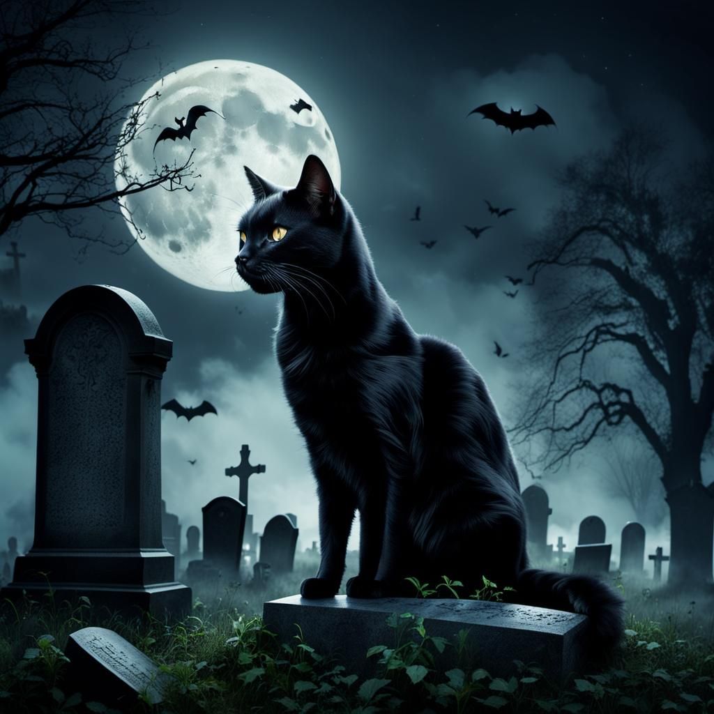 Black Cat in Overgrown Cemetery at Night