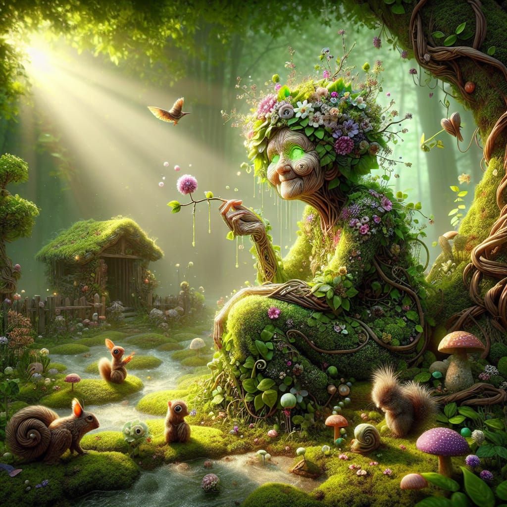 Surreal Garden Goddess Awakens in a Tranquil Woodland
