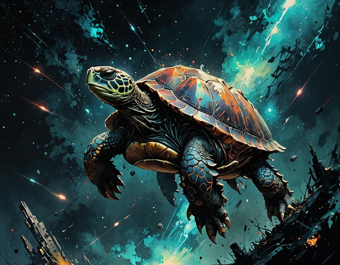 Great Turtle Flies Through Space: Dark Fantasy Art