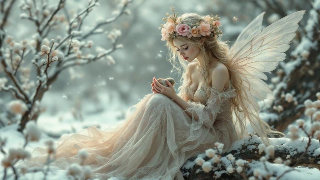 Ethereal Fairy with Bird in Winter Landscape