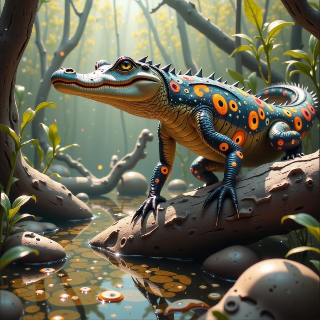 Giraffe-Patterned Alligator Basking in Sunlight