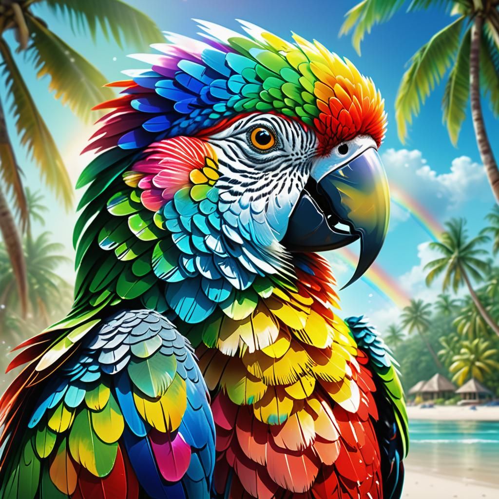 Crystal Parrot Portrait in Tropical Paradise, Art Nouveau St...