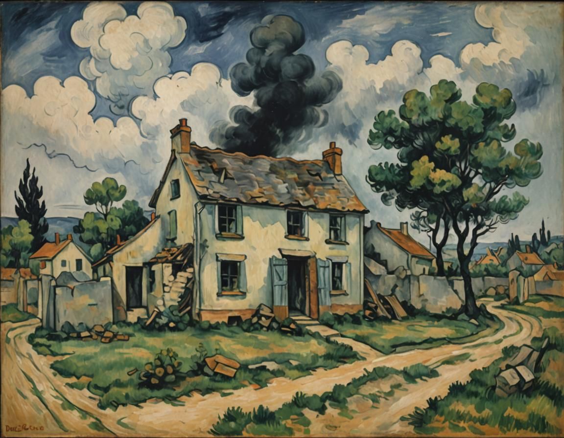Burning Cottage in Post-Impressionistic Style