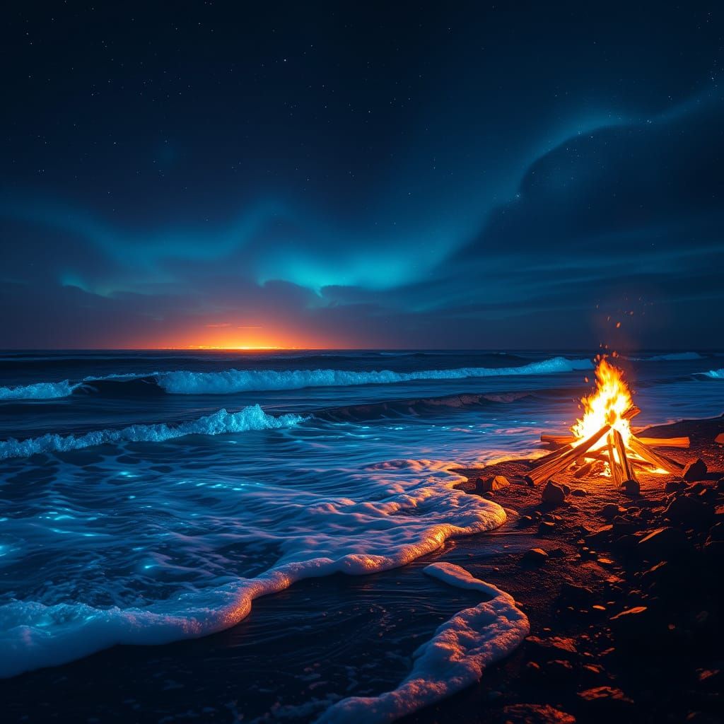 Bioluminescent Shoreline at Night: Digital Matte Painting