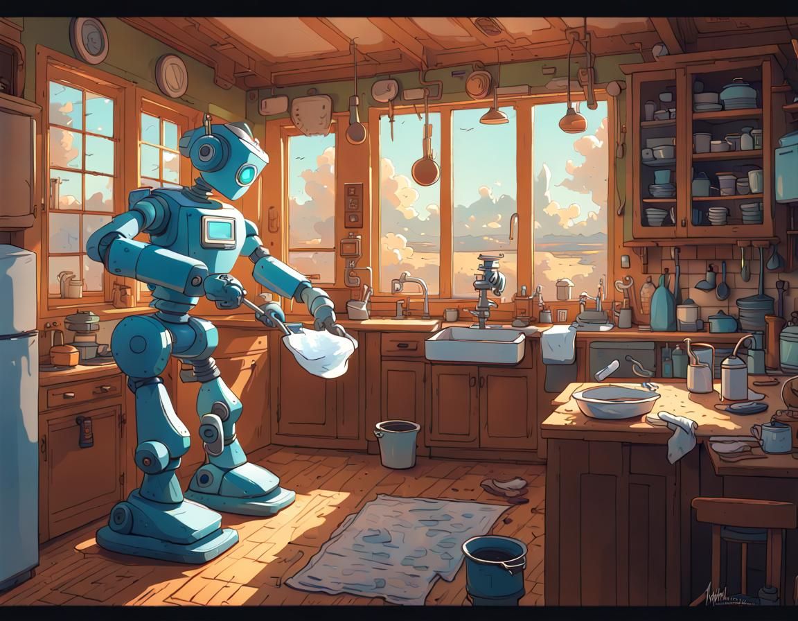 Robot Maid in Kitchen: Detailed Line Art