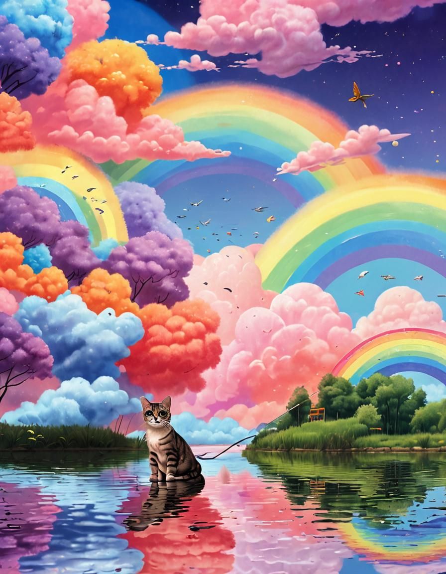 Tabby Cat Fishing in Psychedelic Rainbow Landscape