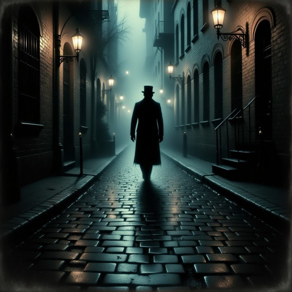 Victorian Figure in Misty Alleyway Oil Painting