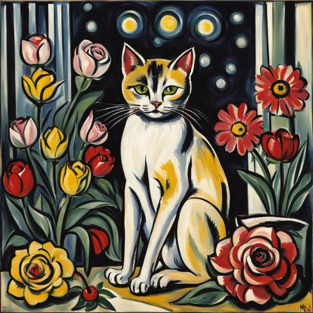 Surrealist Expressionist Cat Basks in Floral Whimsy