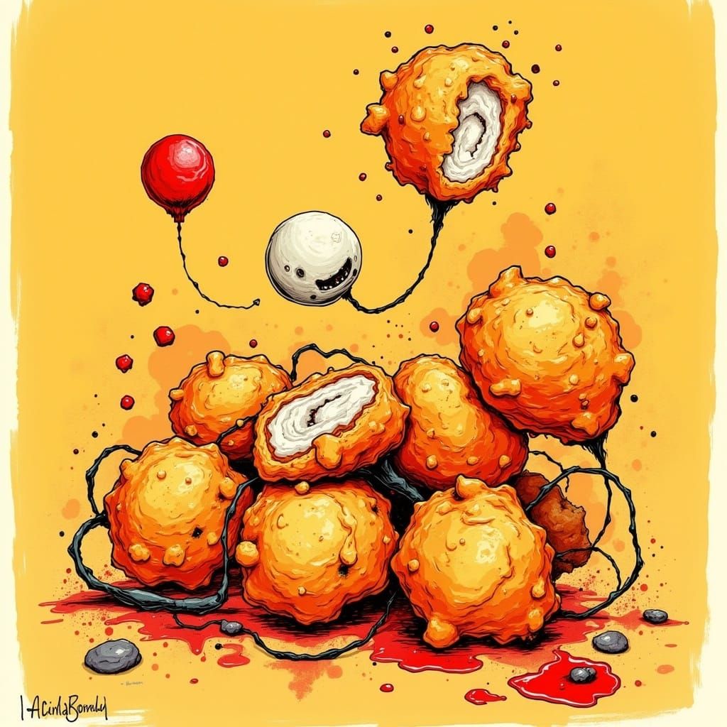 Whimsical Cartoon Illustration of Crispy Fried Chicken Nugge...