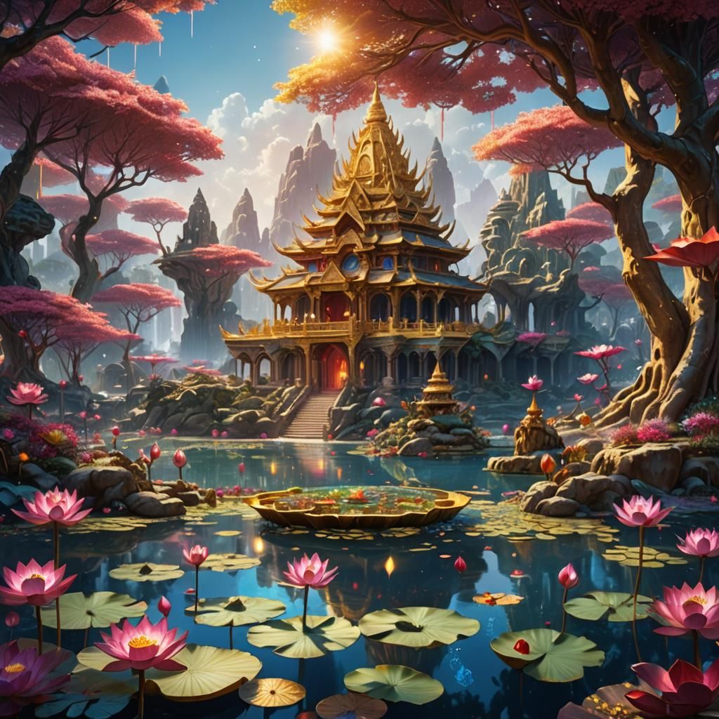 Gem-Encrusted Maya Assembly in Fantasy Landscape