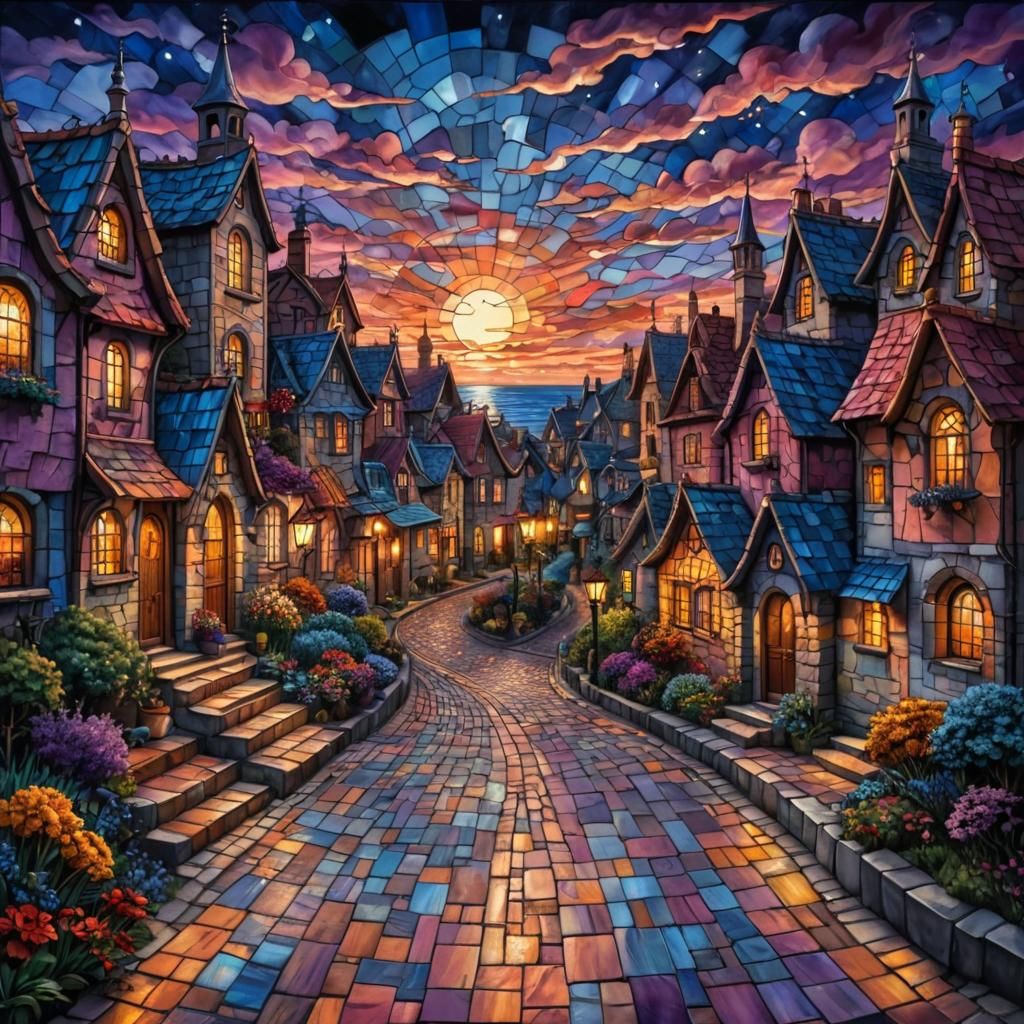 Stained Glass Road Through Surreal Village