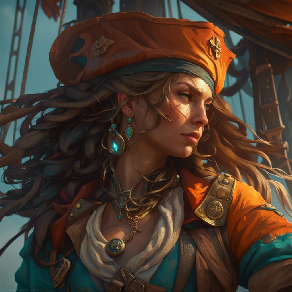 Female Pirate Concept Art in Orange and Teal