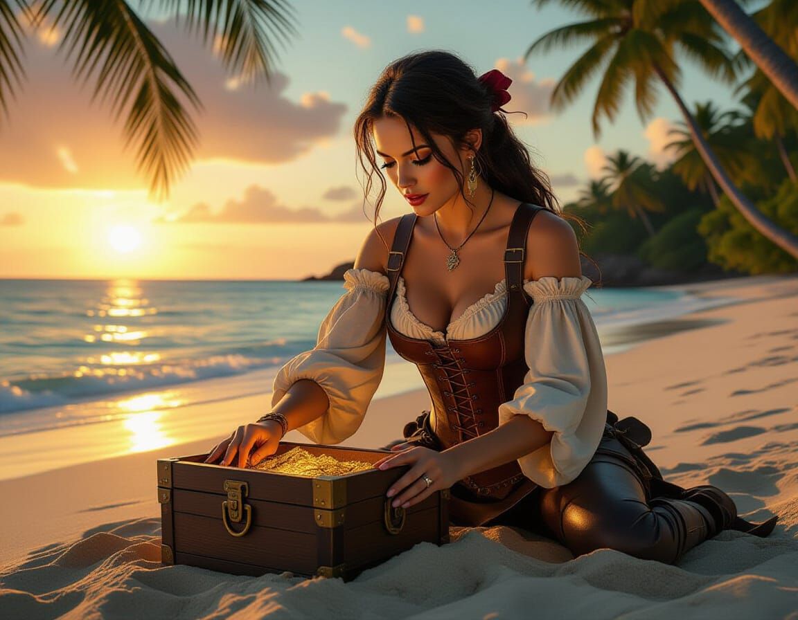 Pirate Woman Finds Treasure at Sunset: Photo Realism