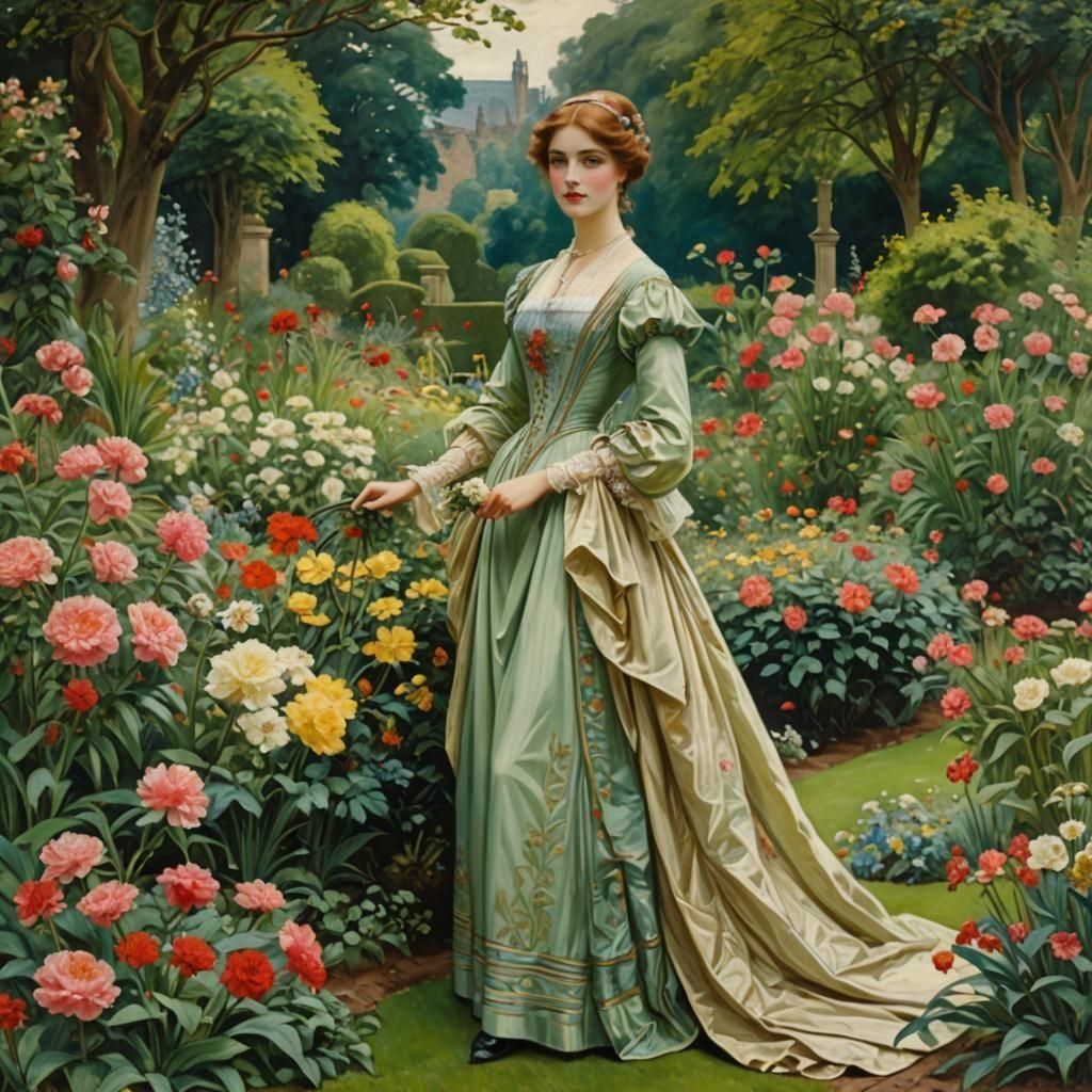 Woman in Garden, Golden Age Illustration