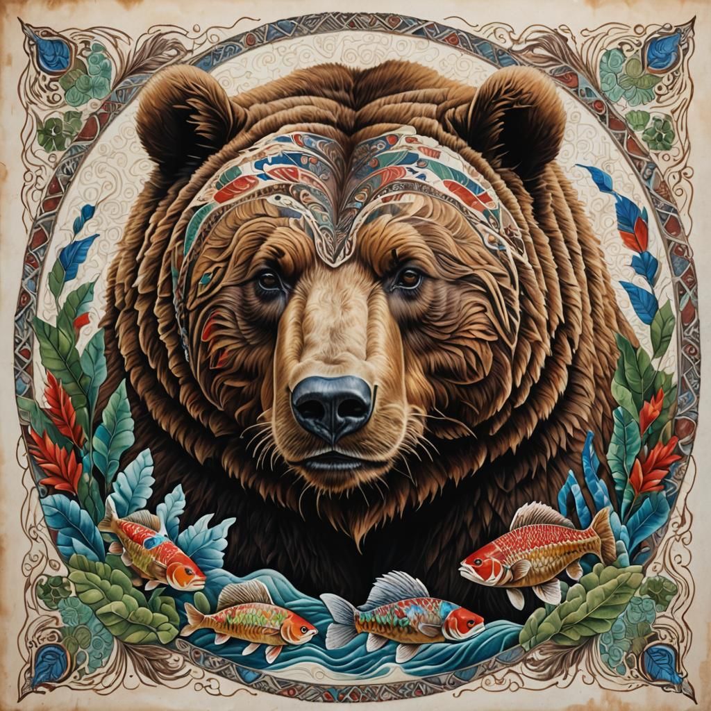 Brown Bear in Traditional Nanai Style Painting