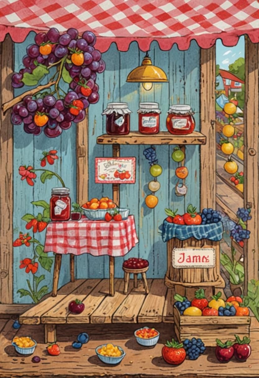 Cozy Market Stand with Jams and Apples Illustration