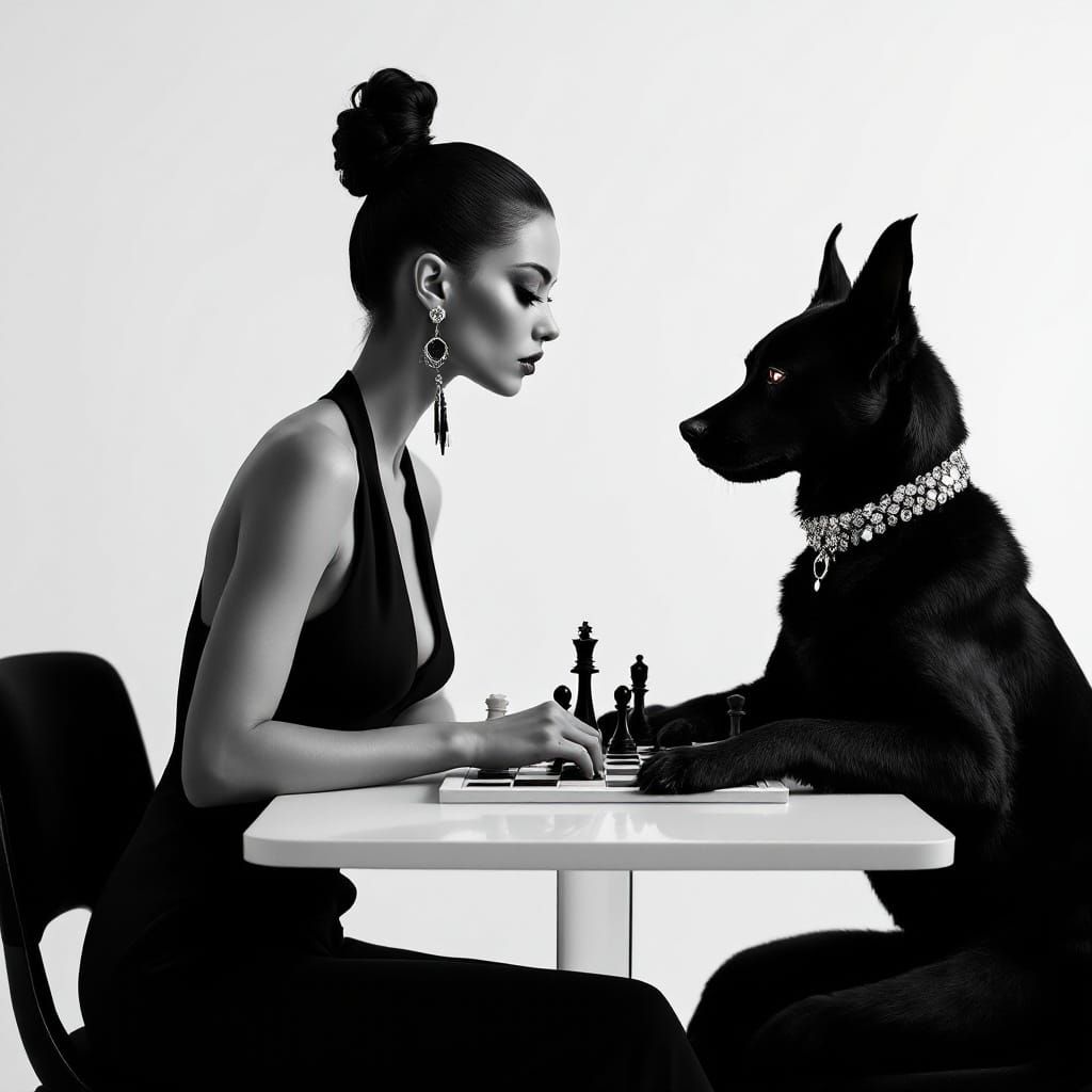Surrealist Woman and Dog Engage in Chess on Minimalist Table