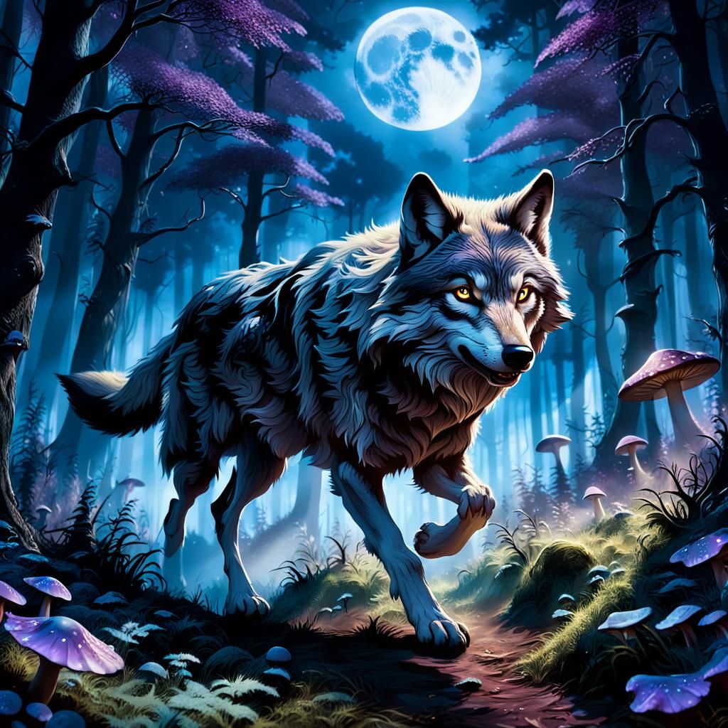 Wolf Running Through Magical Forest in Moonlight