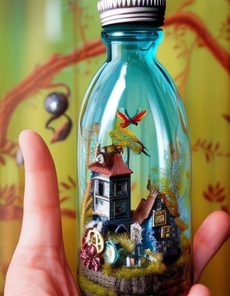 Cuckoo Clock in a Bottle: Photorealistic Gouache Painting