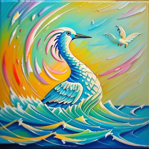 Neo-Impressionist Birds at Sea in Expressionist Oil