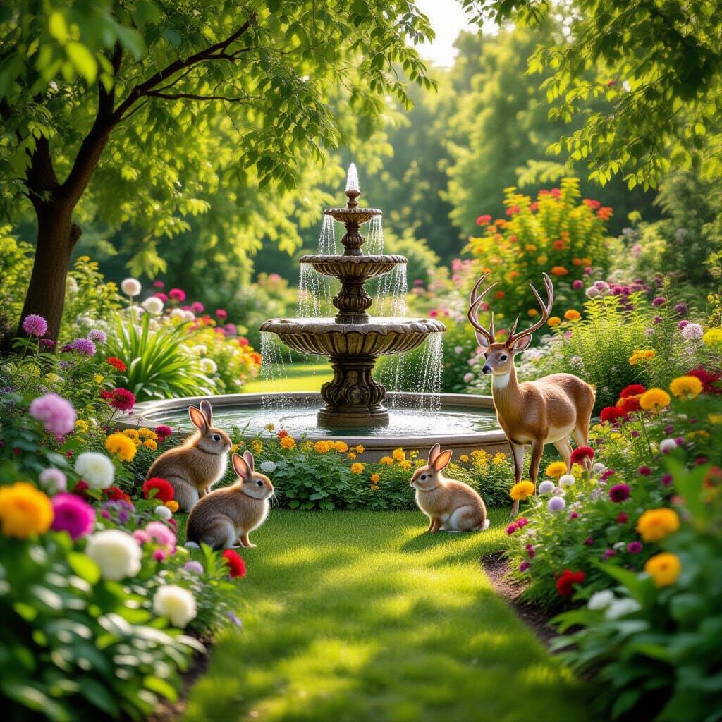 Lush Garden Oasis With Fountain, Rabbits, and Deer