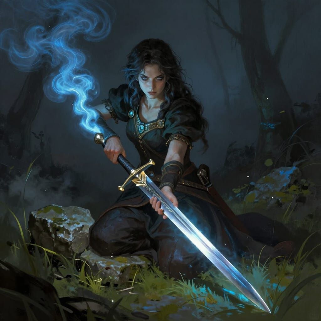 Dark Fantasy Warrior Draws Runed Sword from Altar
