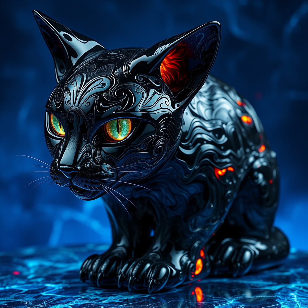 Onyx Cat Sculpture in Matte Painting Style