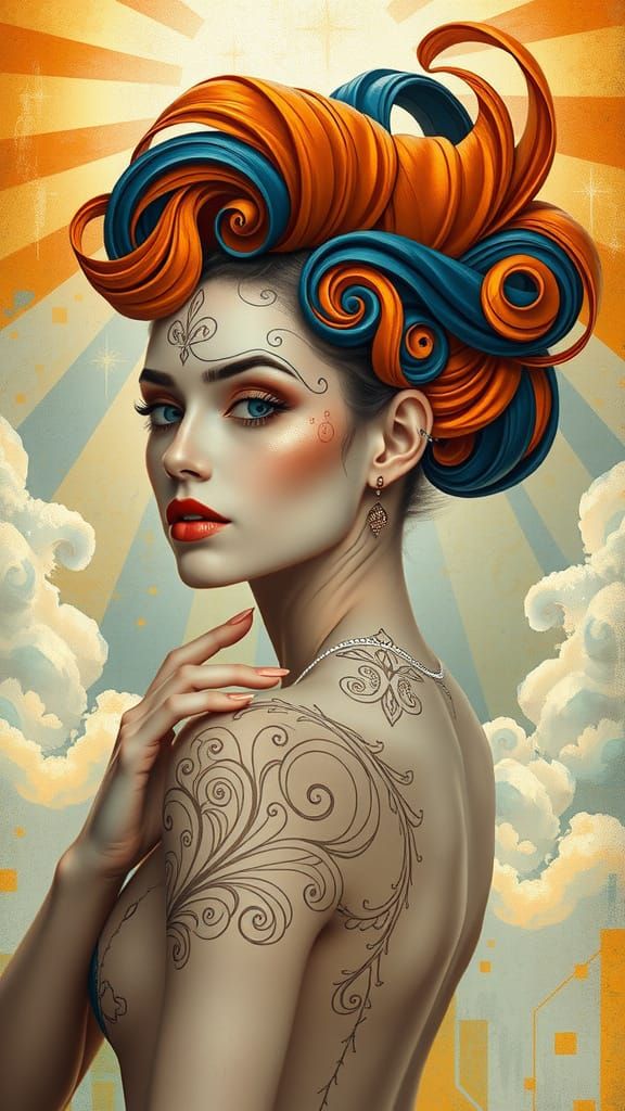Ethereal Art Nouveau Goddess in Vibrant Orange and Blue