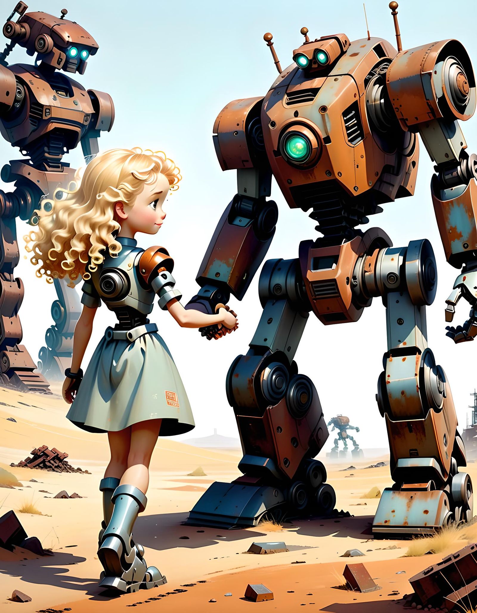 Heartwarming Storybook Scene: Girl and Robot