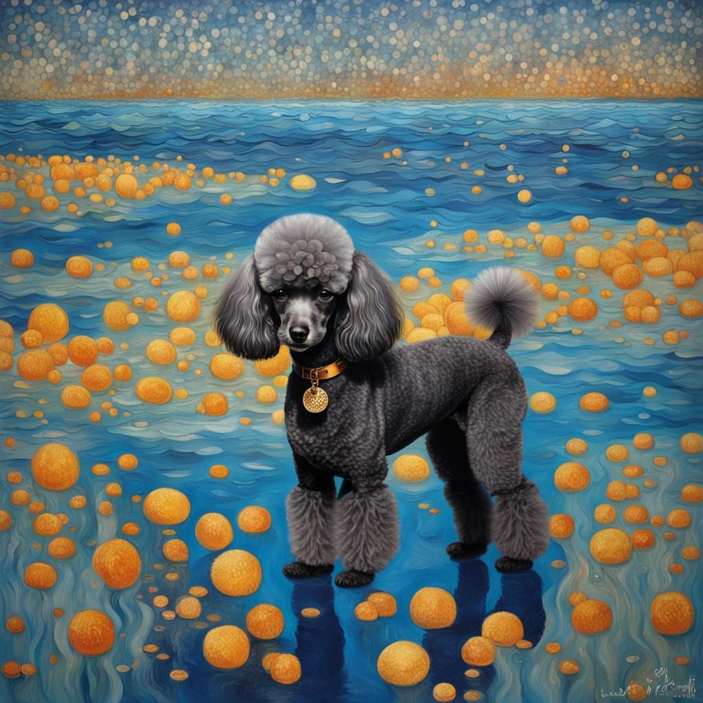 Poodle in Blue Ocean, Gustav Klimt Style