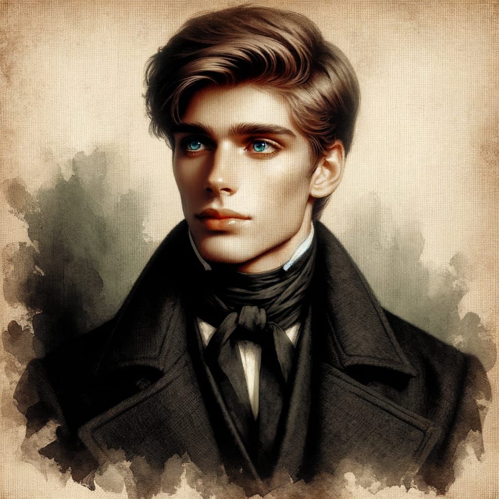 Young Man in Sepia-Toned Watercolor Portrait
