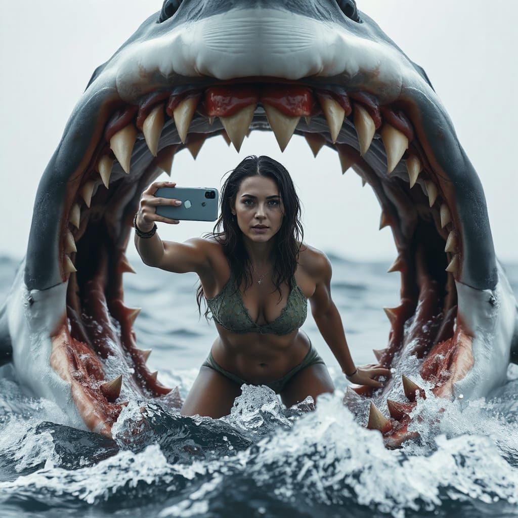 Woman's Shark Selfie: Dramatic Hyperrealistic Scene