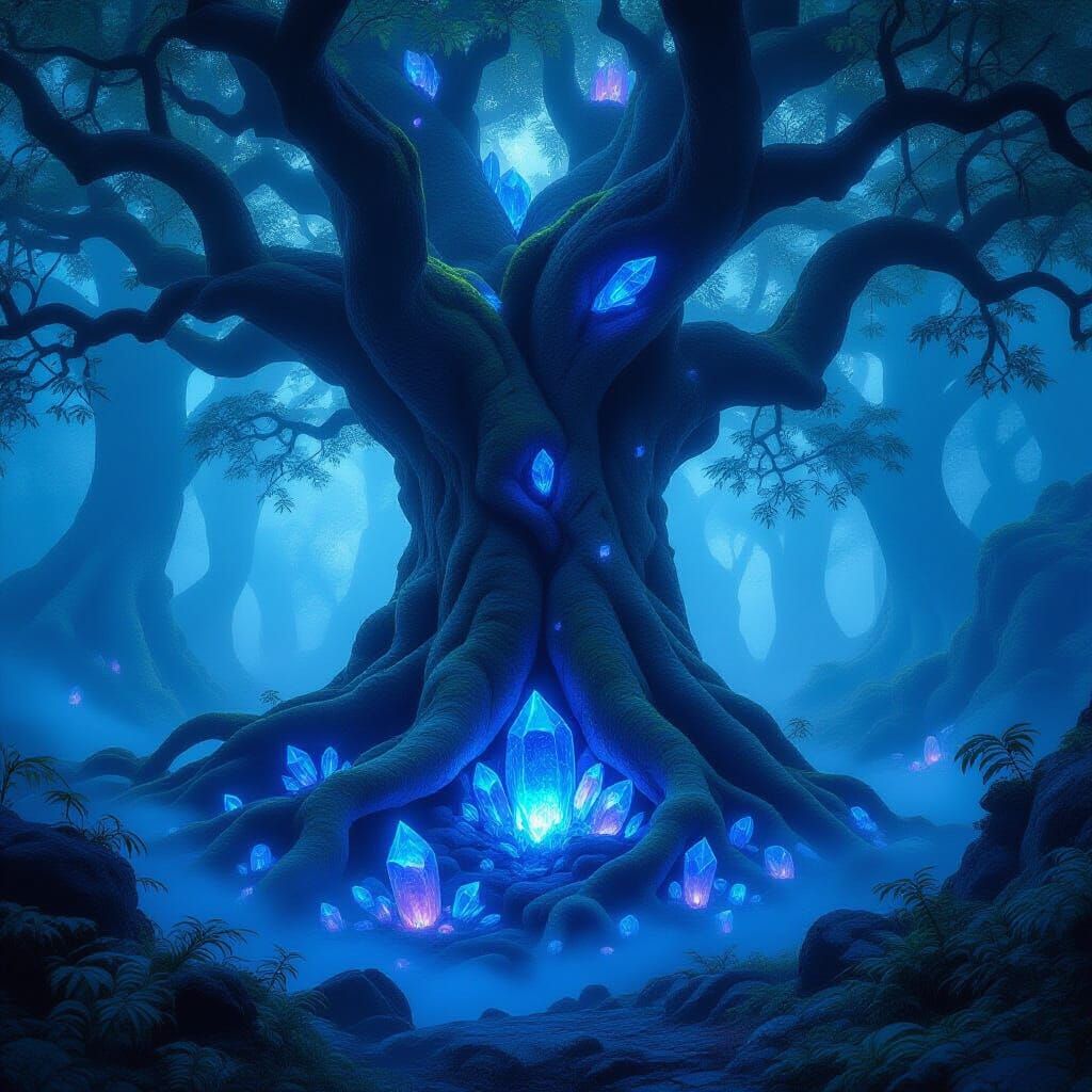 Ancient Bioluminescent Tree with Crystal Roots