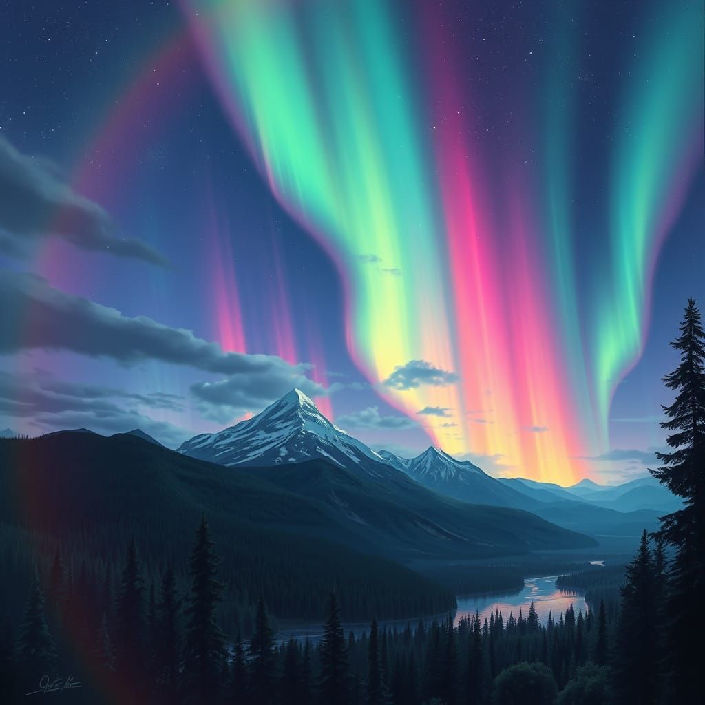 Rainbow Aurora Lights Mountain Landscape, Digital Painting