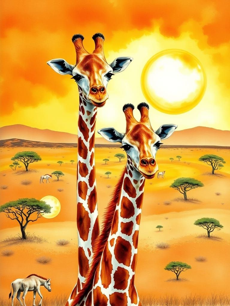 Two Giraffes in African Savannah, Watercolor Style