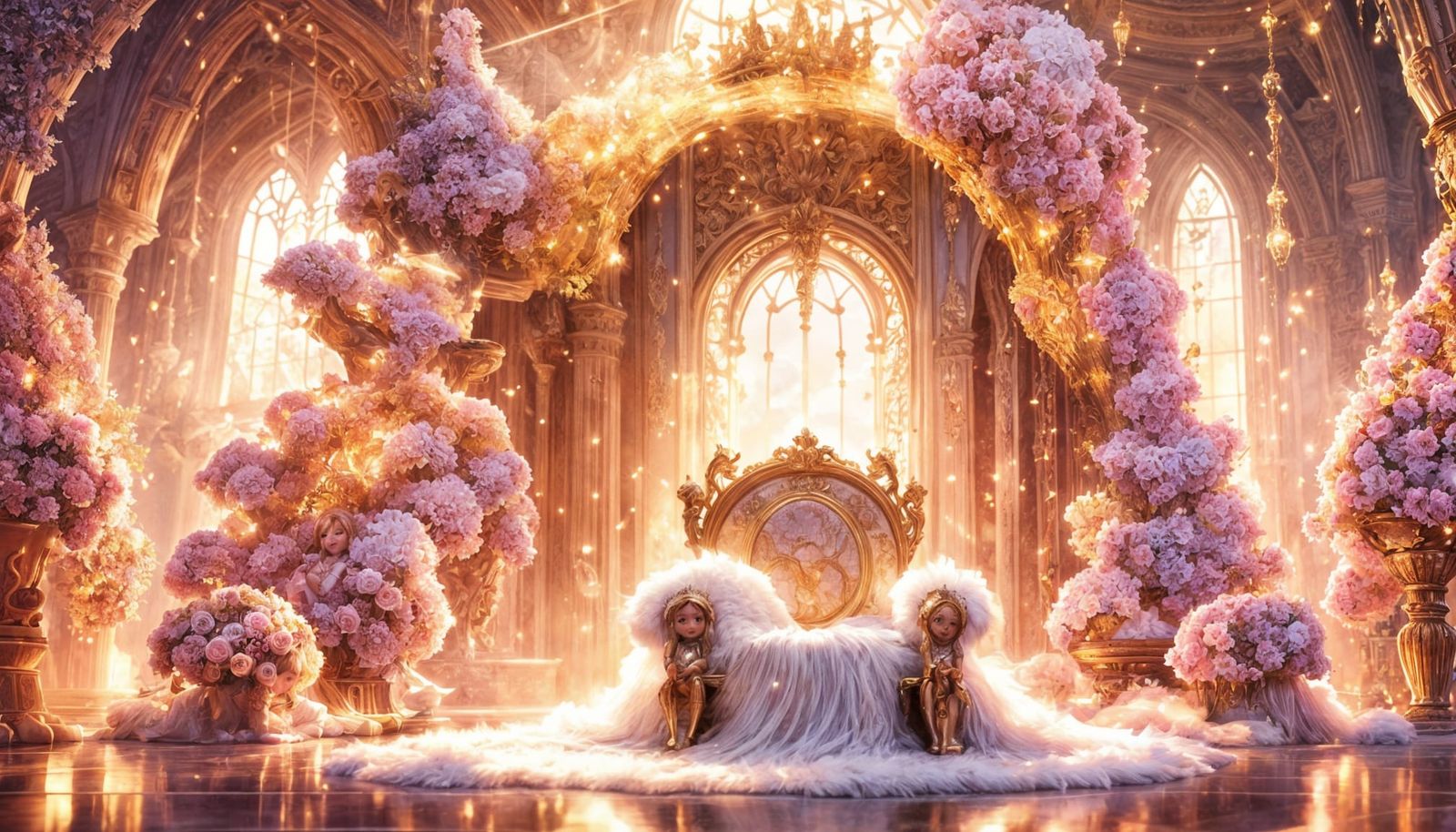 Glowing Chibi Princess Reigns from Throne in Vibrant Castle