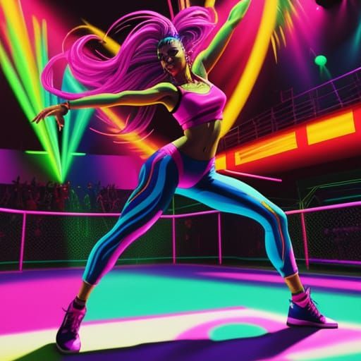 1990s Dancer on Neon Stage in Digital Art Style