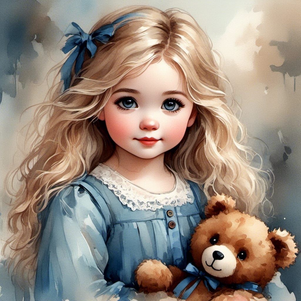 Watercolor Painting of a Girl with Teddy Bear