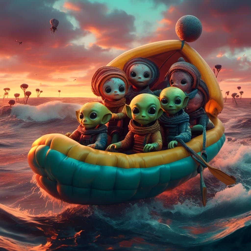 Hyperrealistic Aliens Float in Sunset Ocean