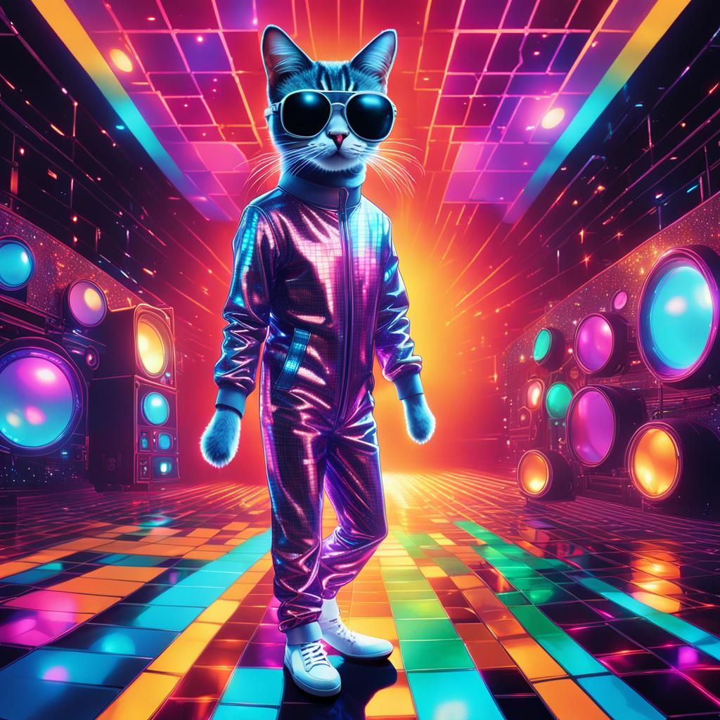 Retro-Futuristic Disco Cat on Dance Floor
