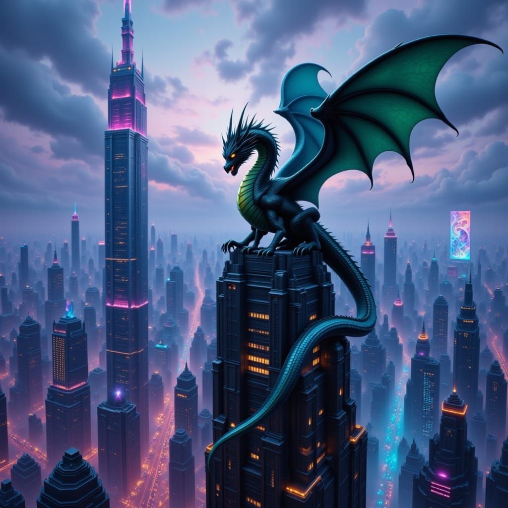 Emerald Dragon on Futuristic Skyscraper in Cyberpunk City