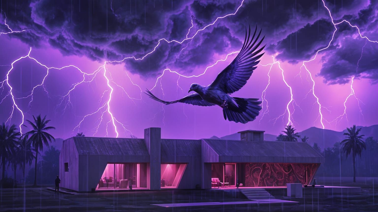 Purple Dove Soaring Above Brutalist Mansion