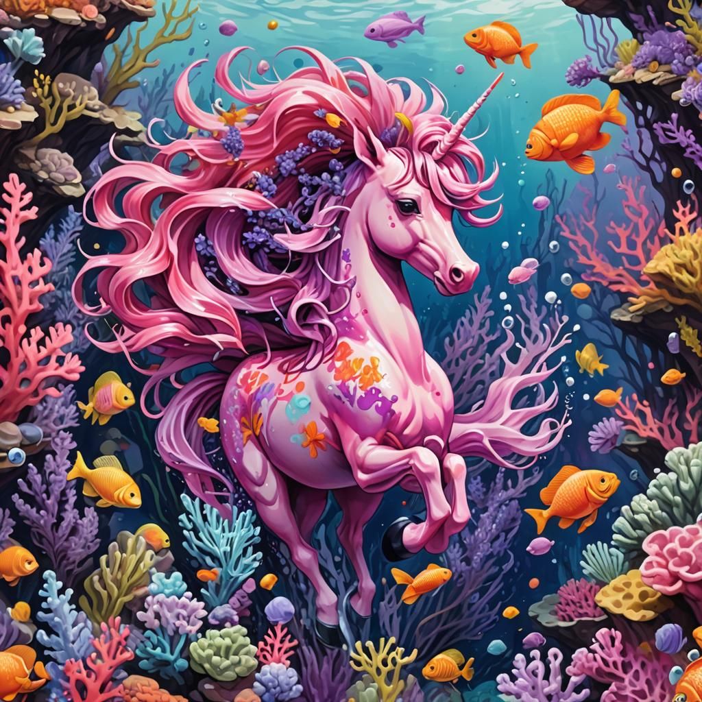 Pink Seapony in Coral Reef, Graffiti Art