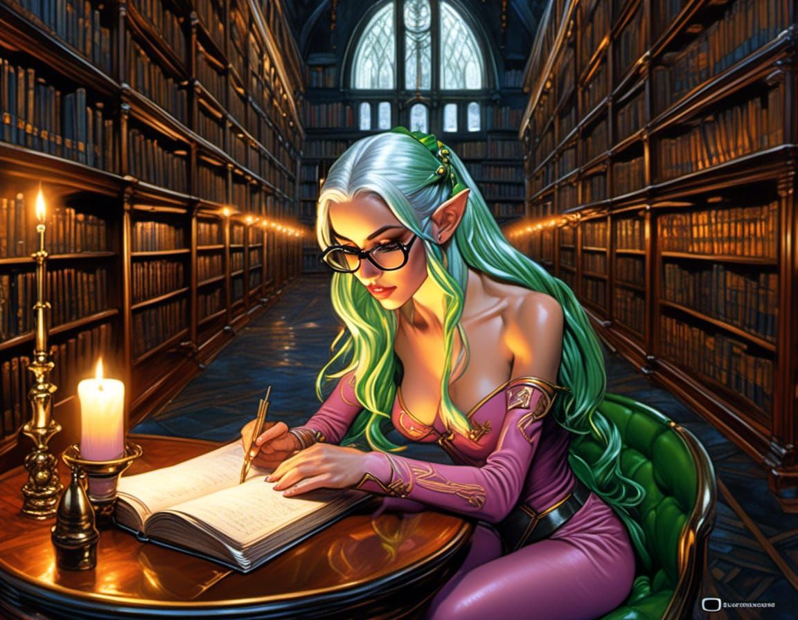 Female Elf Researching in Library, Detailed Digital Art