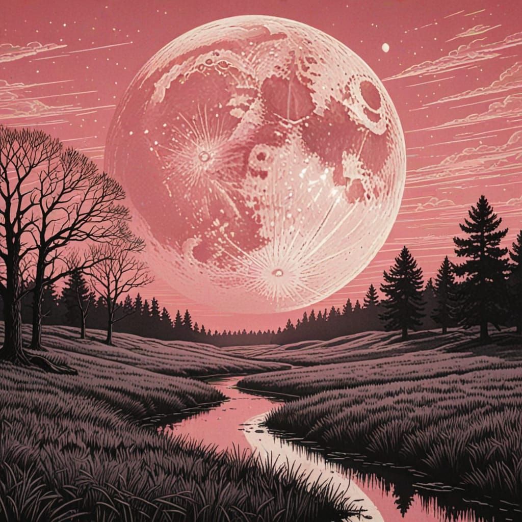 Vast Moon Over Prairie in Woodcut Style