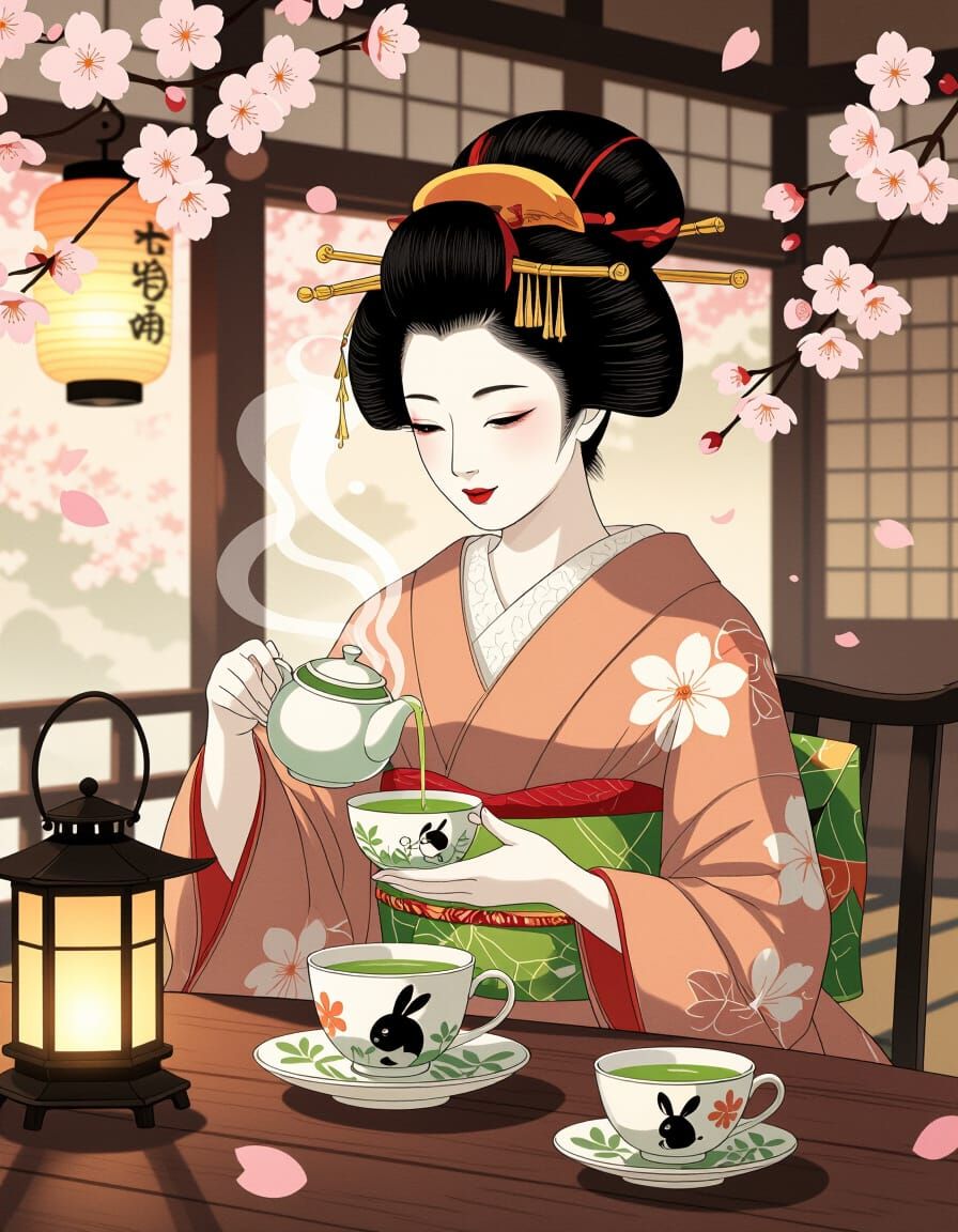 Geisha in Teahouse with Cherry Blossoms, Ukiyo-e Style